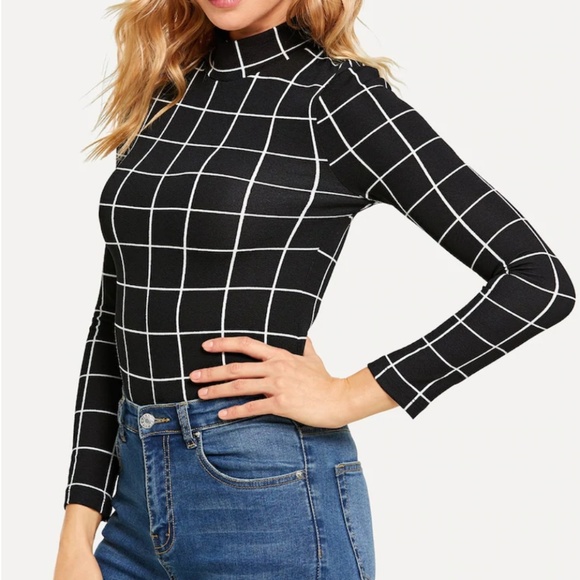 NWT Grid Fitted Long Sleeve T Shirt Black & White - Picture 2 of 5